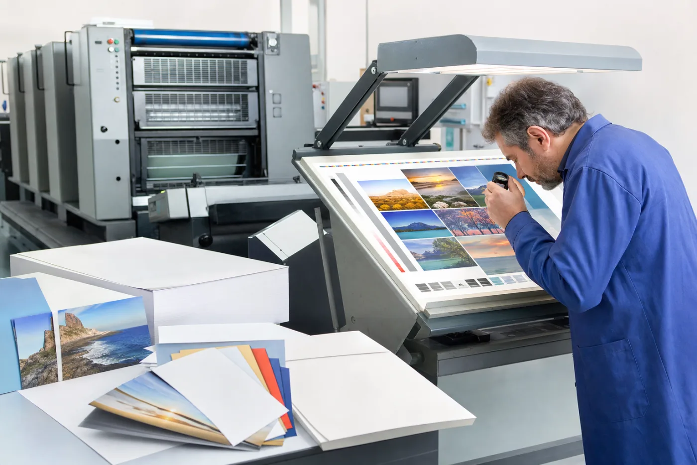 A printer checking a press sheet under a colour-corrected lamp